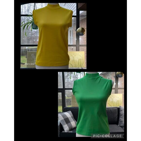 2 Sleeveless 70s Turtleneck Tops Shirt Zip Polyester Yellow Green Donnkenny S/M - Picture 1 of 12